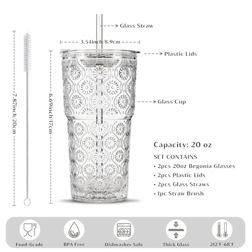 Image of INSETLAN 20oz Begonia Flower Glass Tumbler Set of 2 - Thickened Glass Cups with Lids and Glass Straws for Iced Coffee, Smoothies, Milk, Water, and More - Elegant& Durable Drinkware