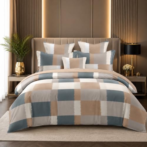 Image of Modern Checkered Double Bedsheet with 2 Matching Pillow Covers Soft Breathable Printed Bed Sheet Plaid Pattern Bedding Set for Bedroom Home Hotel Everyday Use (60 * 90)