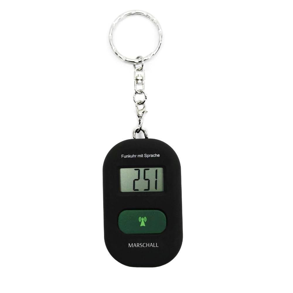 Marschall Schlüsselanhänger Deutsch sprechende Funkuhr I 1117S I Umhängeuhr Schwarz I Extra Laute Sprachausgabe I Großes LCD Display I Perfekt für Senioren, Blinde und Demenzkranke