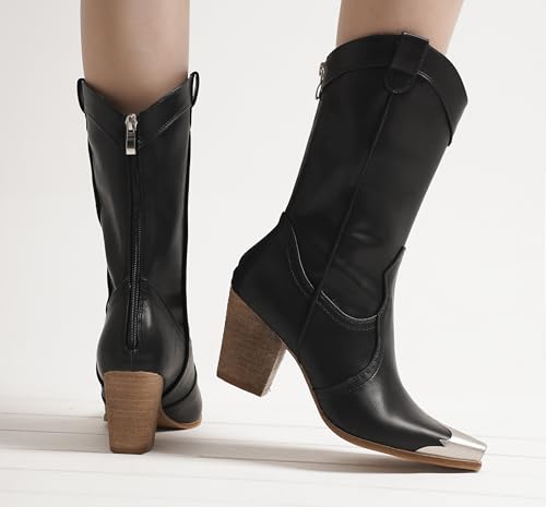 Western Metal Toe Boots for Women Cowgirl Boots Mid Calf Boots Stacked Heel Back Zipper Boots Cowboy Boots3