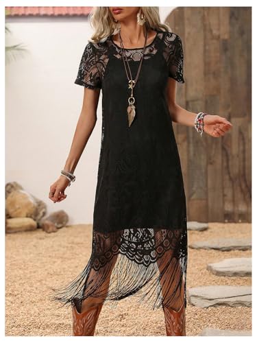 WDIRARA Women's Western Concert 2 Piece Outfits Short Sleeve Sheer Fringe Dress and Cami Dress Set2