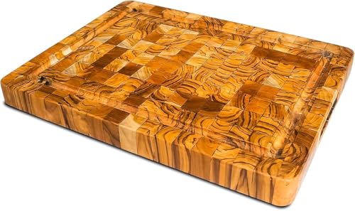 Premium End Grain Wood Cutting Board 16x12 – Large Reversible Butcher Block with Juice Groove, Side Handles, Smooth Corners, christmas,new year, thanksgiving
