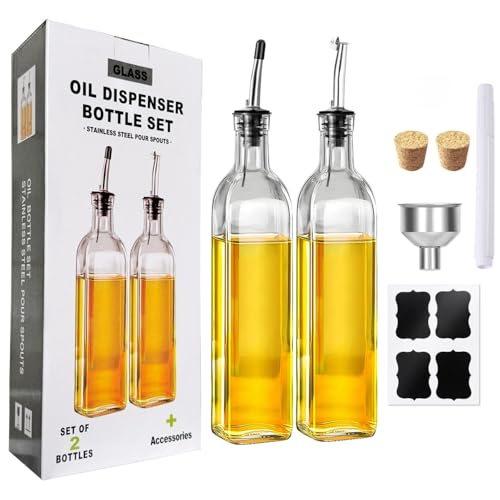 SKY-TOUCH 2 Pcs Oil Dispenser Bottles 500ml Glass Olive Oil Dispenser Bottle and Vinegar Dispenser Set with Pourers Funnel and Labels