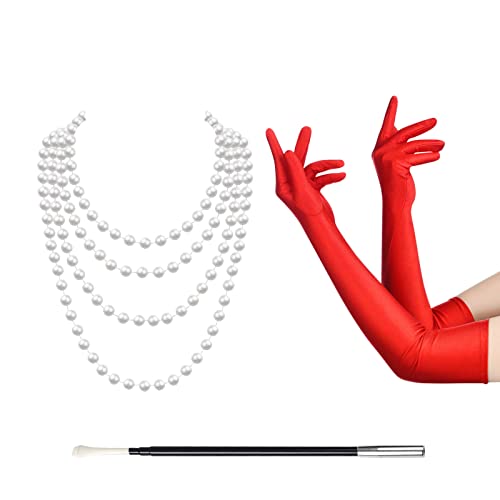 MIVAIUN 3 piezas 1920s Set de Accesorios, Años 20 Flapper Disfraces Accesorios, Accesorios Great Gatsby para Mujeres, Accesorios de Charlestón, Collar de Perlas, Guantes Negros Largos (Rojo)