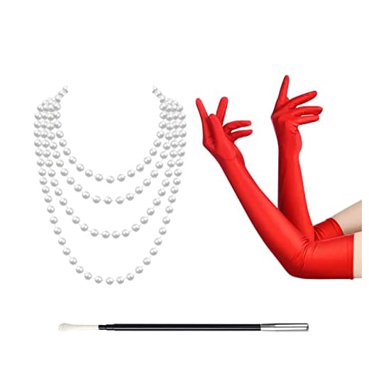 MIVAIUN 3 piezas 1920s Set de Accesorios, Años 20 Flapper Disfraces Accesorios, Accesorios Great Gatsby para Mujeres, Accesorios de Charlestón, Collar de Perlas, Guantes Negros Largos (Rojo)