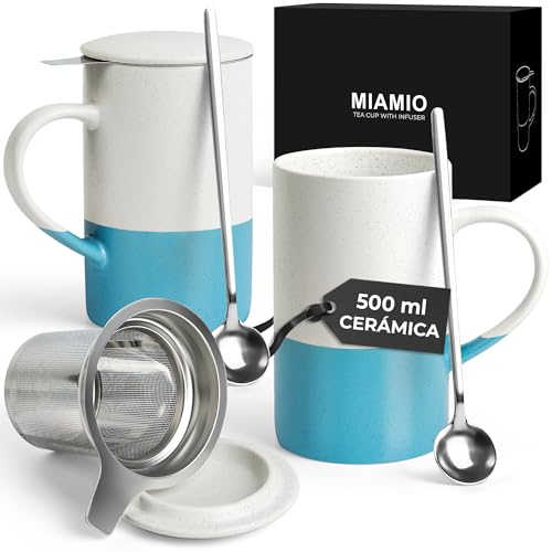 MIAMIO - Juego de tazas de té 2 x 500 ml con infusor y tapa/Taza de té de cerámica con infusor y cuchara para remojar té de hojas sueltas - Apto para microondas y lav (Azul)