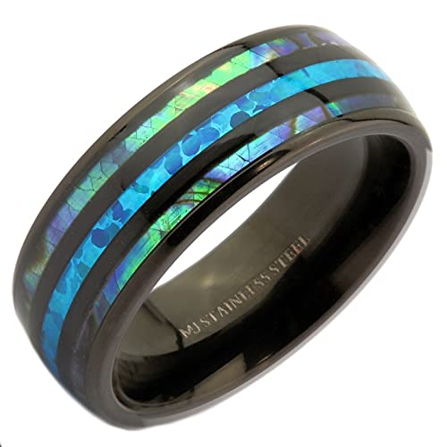 MJ Metals JewelryCustom Engraved Stainless Steel 6 or 8mm Real Koa Wood or Faux Opal with Abalone Inlay Black Plated or Non-Plated Ring