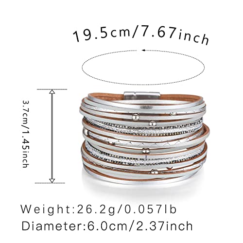 Stackable Bohemian Multilayer Bracelets Set For Women Girl Leather Cuff Bracelet Set Multilayer Wrap Bracelet Bracelet Magnetic Clasp Girl Wristbands Jewelry Armband Gifts (Light Blue, One Size) #TOP2