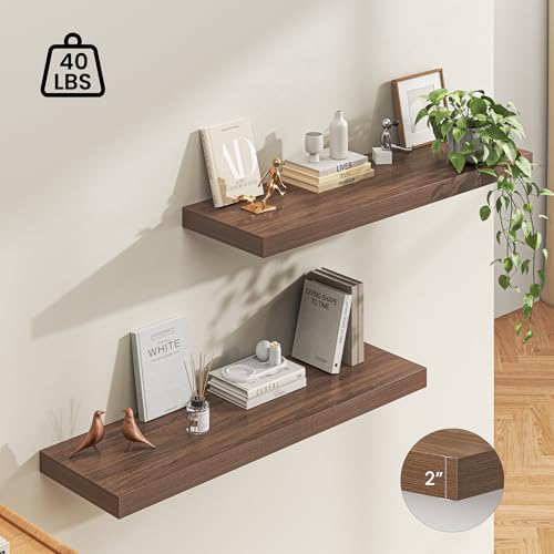 Image of Dreamland 48 inch Floating Shelves for Wall, 12 inch Deep Thicker Walnut Floating Shelves, Wall-Mounted Shelves for Bedroom, Living Room, Kitchen, Bathroom - Set of 2