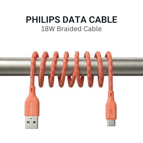 Image of PHILIPS DLC4130AR /94 18W Type-A to Type-C Fast Charging Cable (1m, Coral Reef) | Nylon Braided | Compatible with iPhone 15+ Series, USB-C iPad Models, Samsung Galaxy & All Type C Devices