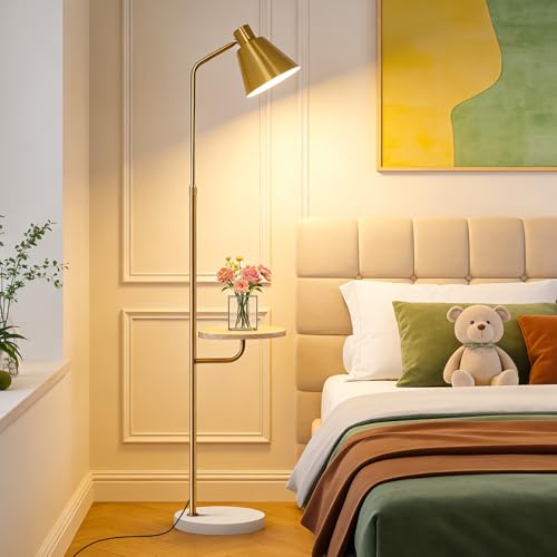 Gold Brushed Floor Lamp with Side Table for Living Room Bedroom, Modern Standing Lamp 12W LED 3-Color Dimmable 3000K/4500K/6500K, Adjustable Gooseneck Reading Light with Wood Shelf for Office Corner by dujunlinghang - Used condition - Image 6