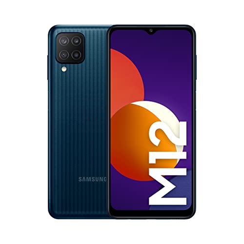Samsung Galaxy M12 スマートフォン、6.5 インチ Infinity-V TFT LCD スクリーン、4 GB の RAM および 64 GB の拡張可能な内部メモリ、5000 mAh バッテリーおよび高速充電ブラック (ES バージョン)
