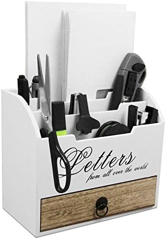 Practical desk organiser letters with 3 wooden pockets and 1 drawer letter tray post tray in shabby look - white/natural