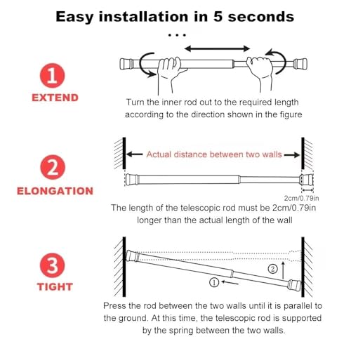 Image of Herrlich Homes Retractable Wardrobe Curtain Rod 58 to 85 cm Tension Rod | 21 mm Diameter | Multipurpose | Metal | No Drilling | Extendable Rod for Windows Cabinet | With adhesive sticker