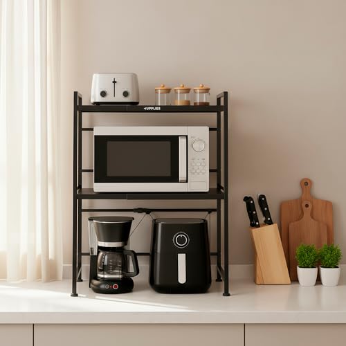 JUPPLIES Soporte Microondas 77,5×39×36,2 cm – Estantería Microondas Extensible 39–60 cm – Mueble Microondas Cocina de Acero Antióxido con 8 Ganchos – Estante Reforzado de Alta Capacidad para Encimera - imagen 2