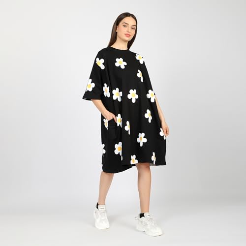 Image of LAMA STORE Women's Printed Oversized T-Shirt Dress, Cotton, 3 /4 Sleeve Length, Casual Loose Fit, Comfort Wear Extra Comfy Oversized Printed Pocket T-Shirt Dress