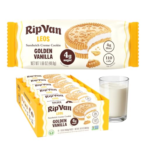 Rip Van LEOs - Golden Vanilla Sandwich Cookies - Low Sugar Snack Cookies - Low Carb Snack - Diabetic Snacks - 40 Low Sugar Cookies (10 Packs of 1.69oz)
