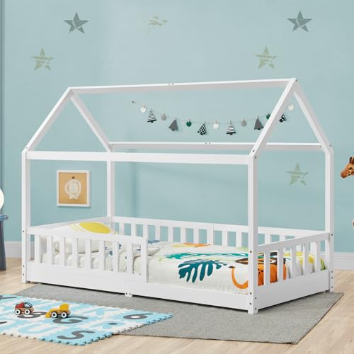 Juskys Kinderbett Marli 90 x 200 cm mit Rausfallschutz, Lattenrost und Dach...