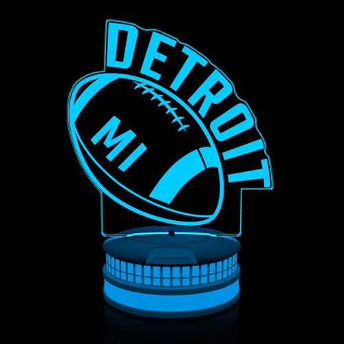 Image of CLORURBANLIVE 3D Football Detroit Night Light 3D Illusion Lamp with Remote Control 16 Color Options Sports Decor Lighting for Fans - Multicoloured OneSize