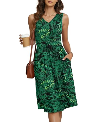 Image of NILOUFO Sleeveless Dress for Women Summer Knee Length Sundress with Pockets | Sundresses for Women Tank Empire Waist Sun Dress Cold Shoulder Casual V Neck Midi Dress Flowy Summer Dresses for Women