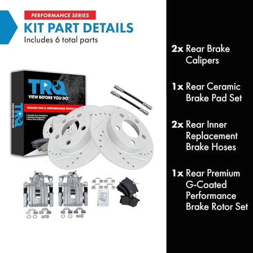 Image of TRQ Performance Rear Brake Pad and Rotor Set Ceramic Slotted Drilled G Coated Rotors Calipers Compatible with 1999 Volkswagen Jetta