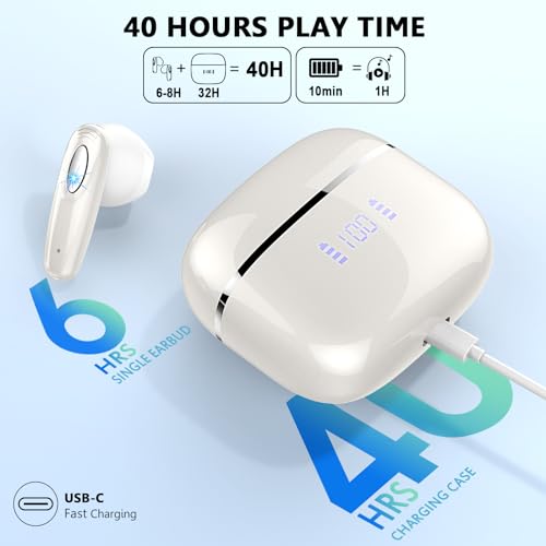 Image of Wireless Earbud, Bluetooth Headphones 5.3 Built in 4 ENC Mic, Stereo Bass Wireless Earphones, 40H Bluetooth Earbud in-Ear Dual LED Display, USB-C, IP7 Waterproof Sport Ear Buds for Android iOS, Sliver