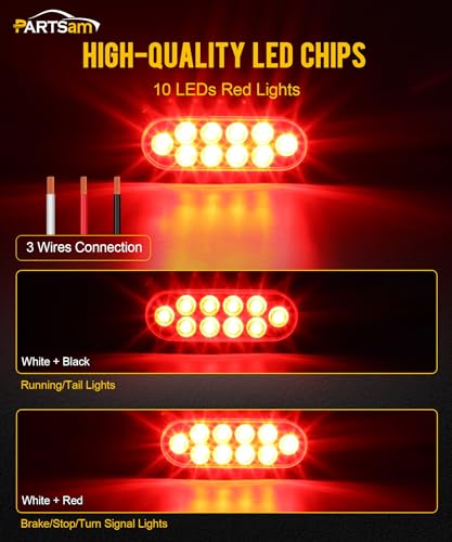 Image of Partsam 4pcs Trailer Truck LED Sealed RED 6 inch Oval Stop /Turn /Tail Lights Flush Mount Waterproof Including 3-pin Water Tight Plug with Wires and Grommets Sealed DOT Compliant