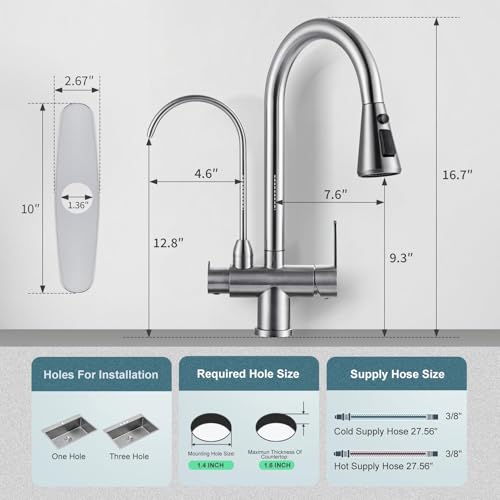 Kitchen Faucet with Water Filter Faucet, Brushed Nickel Stainless Steel Drinking Water Faucet, High Arc 2 Handle Kitchen Sink Faucet with Pull Down Sprayer for Kitchen Sink Farmhouse Bar by ALEASHA - Used condition - Image 2