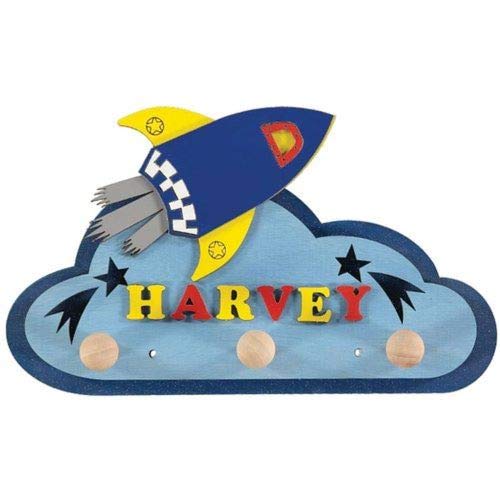 Little Timbers - Blue Rocket Personalised Wooden Coat Rack/Hook/Pegs - Handmade in Great Britain
