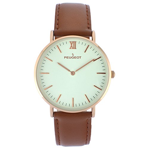 Montre Peugeot 2050G Sheffield homme femme en cuir noir et boîtier ultra plat doré or 14 carats