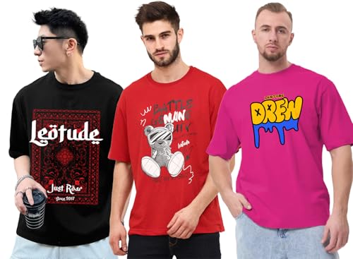 Image of LEOTUDE Men's Cotton Trendy Oversized Round Neck Printed T-Shirt Combo (Pack of 3)