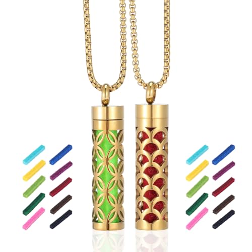 PH PandaHall Collier Diffuseur D'Huiles Essentielles 2 Style Collier D'Aromathérapie Doré Colliers avec Flacon de Parfum en Forme de Colonne et 20 Coussinets...