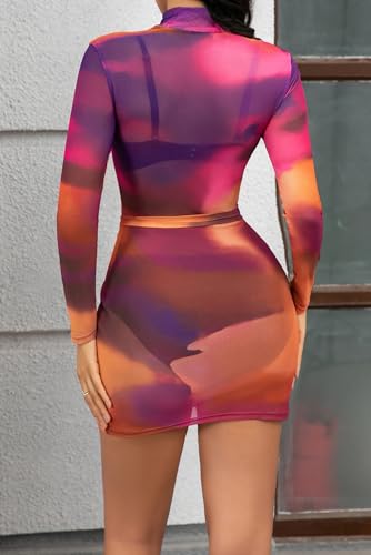 Image of Sexy Long Sleeve Mini Dress for Women Sheer Mesh Printed Crew Neck Bodycon Party Clubwear See Through Dresses