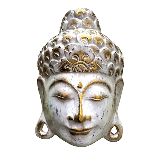 Masque de Bouddha White Wash en bois fait à la main de Bali - 2 tailles - 25 et 35 cm (25 cm)