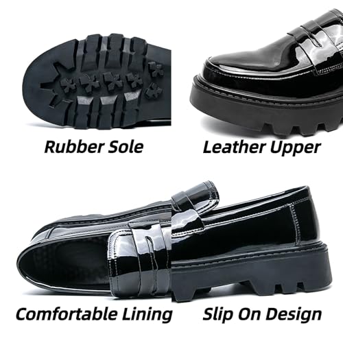 Men's Patent Leather Platform Chunky Slip-On Penny Loafers Classic Round Toe Lug Sole Business Casual Formal Work Dress Shoes4