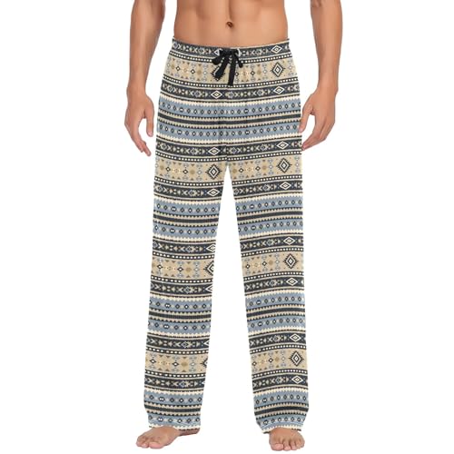 Mens Cotton Pajama Pants Sleep Lounge Pj Bottoms Sleepwear with Pockets Drawstring S Yellow and Blue Aztec2