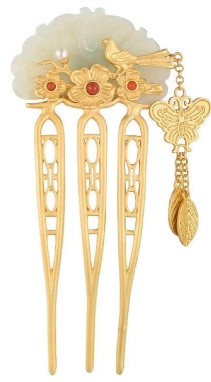 Gioielli per Capelli Cinesi, Forcine for Capelli in Argento Sterling S927, Fermagli for Capelli Ruyi Decorati con Uccellini Innamorati e Nappa(Gold)