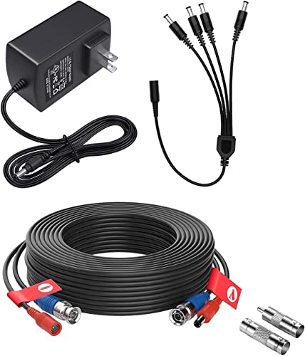 Zosi 12V 2A Us Ac To Dc Power Supply Adapter & 4-Way Power Splitter Cable, 1 Pack 60Ft 18M 2-In-1 Video Power Cable For Cctv Home Security Camera Surveillance System #TOP30