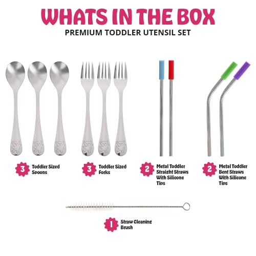 15 Pieces Toddler Kids Utensils Kids Silverware Set Stainless Steel, Safe Baby Utensils 3 Toddler Forks 3 Toddler Spoons 4 Reusable Metal Straws 4 Silicone Tips And Brush, Kid Utensils Flatware #TOP1