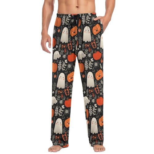 Men’s Cute Ghosts Pumpkin Pajama Pants with Pockets, Comfortable Lounge Sleep Bottoms#4753