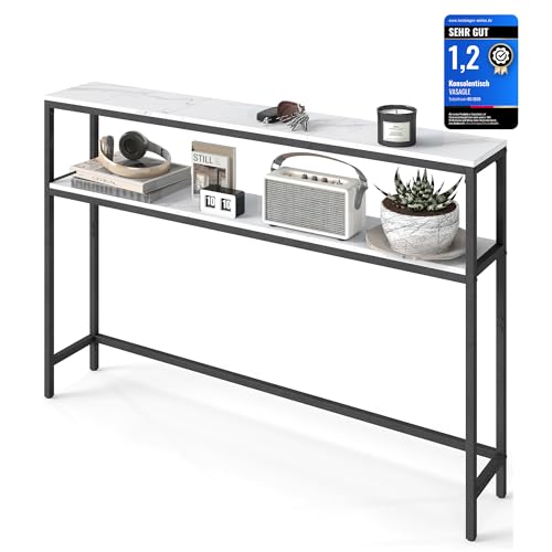 VASAGLE Konsolentisch, schmaler Sofatisch mit 2 Ablagen, 20 x 120 x 80 cm, Flurtisch, 2 Ebenen, für Flur, Wohnzimmer, Schlafzimmer, marmorweiß-tintenschwarz LNT133W59