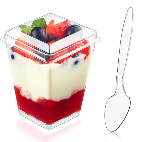 Kucoele 50 Pack 5 oz Plastic Dessert Cups with Lids and Spoons, Clear Parfait Cups Pudding Cups Mini Party Serving Cups for Appetizer Fruit Yogurt Ice Cream