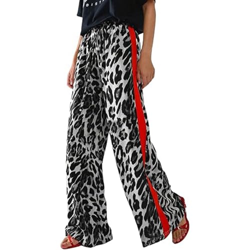 Image of Generisch Women's Summer Thin Casual Trousers with Drawstring Leopard Print Side Stripes Straight Leg Wide Leg Loose Trousers, black, M