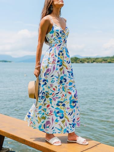 Image of CUPSHE Summer Dress for Women V Neck Sleeveless Floral Cutout Smocked Ruffled Maxi Formal Beach Dress