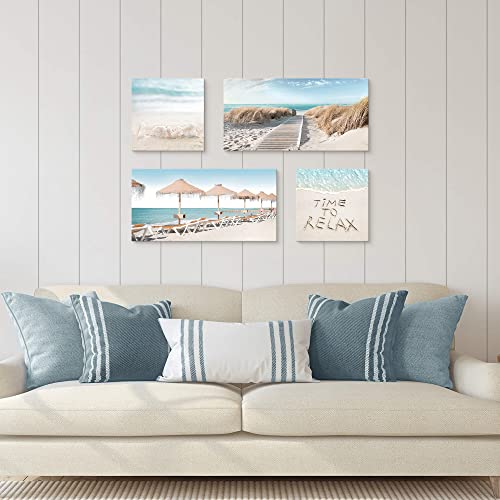 Dream Land Beach Coastal Canvas Wall Art: Beachy Seascape Picture Modern Large Blue Sea Relax Theme Painting Seaweed Prints Nature Rustic Seaside Landscape Watercolor Artwork For Living Room #TOP2
