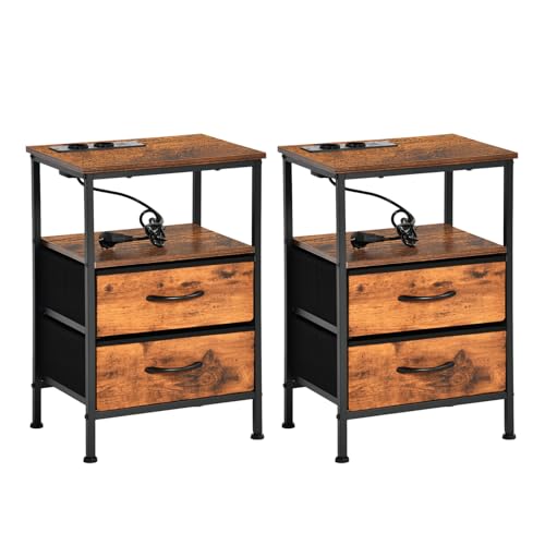 EGGREE Lot de 2 Tables de Chevet avec Station de Charge USB et Tiroirs en Tissu, Étagère.avec Ports USB et Prises de Courant, pour Chambre, Hôtel,...