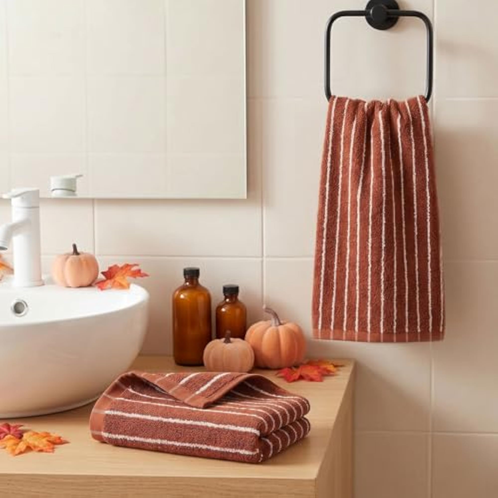 2-Piece Terracotta Striped Hand Towels for Fall