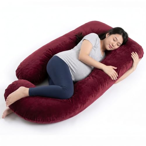 Image of Amazon Basics Full Body Pregnancy Pillow for Maternity,Baby Nursing,Full Body Support-Abdomen,Hip,Spine,Neck&Leg Support Cushion| Perfect Baby Shower Gift |J-Shaped-Washable Cover with Zip - Maroon