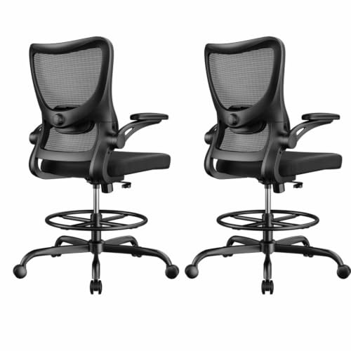 Image of Marsail Drafting Chair, Tall Office Chair with 2D Lumbar Support, Standing Desk Chair with Padded Flip-Up Armrests & Adjustable Footrest Ring, Black,Pack of 2