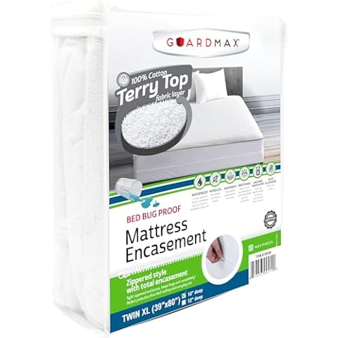 Guardmax Terry Cotton Zippered Mattress Encasement - Twin XL Size - 100% Waterproof and Bed Bug Proof Mattress Protector - Absorbent Six-Sided Mattress Cover, Bed Sheet is Soft and Breatheable Cover